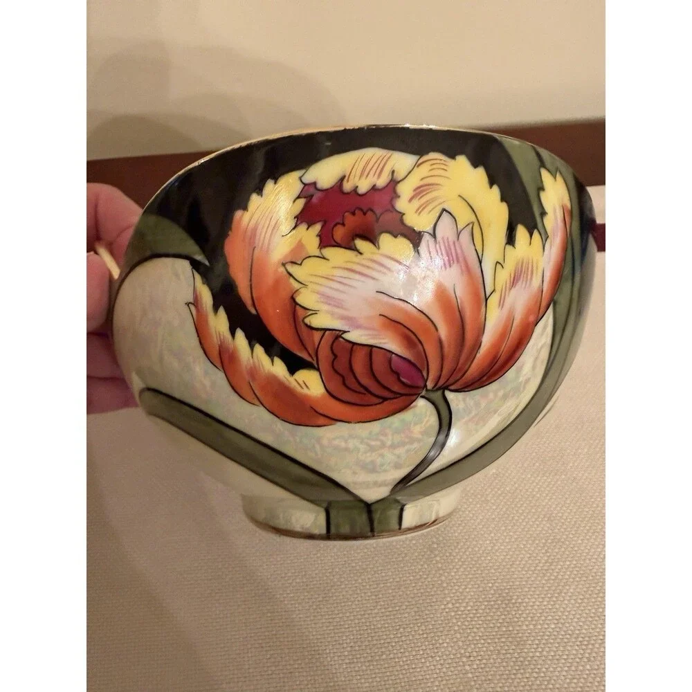 VTG Noritake Lusterware Bowl w/ Iridescent Peach Interior Painted Floral Motifs.